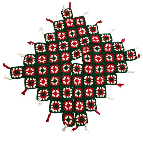 Vintage Granny Square Crochet Christmas Tree Skirt Red Green White Tassels 43" - Picture 1 of 4